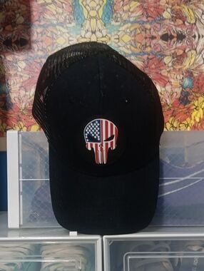 FREE with Any Purchase Black Trucker Cap with American Flag Skull Patch
